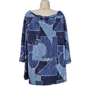 Vintage Fashion Bug Women's Sequin Geometric Print Blouse Size 26/28 Made in USA